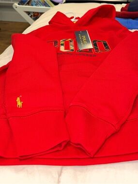 Ralph Lauren Red POLO Hooded Sweatshirt with Plaid Lettering